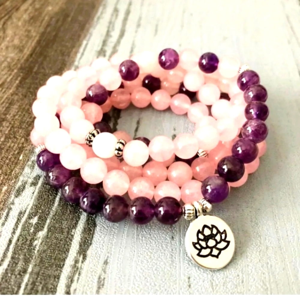 Healing Rock Rose Quartz and Amethyst Mala Beads + Red Regalite Earrings